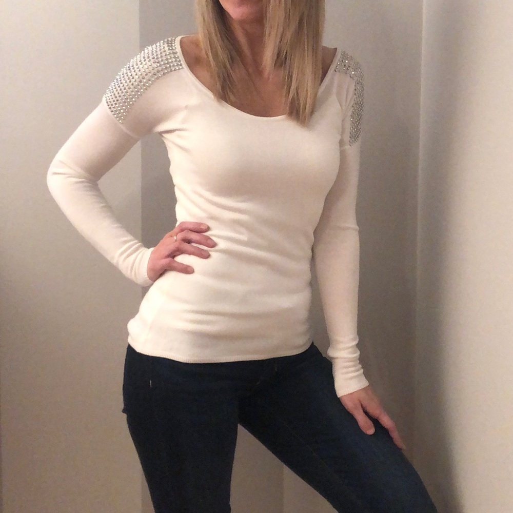 EXPRESS White Classy Rhinestone Long Top - Picture 2 of 7